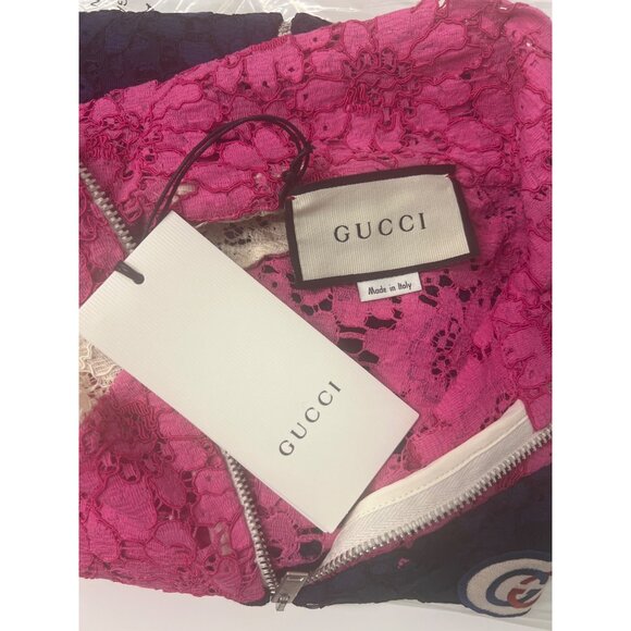 Gucci Lace Bomber Jacket Pink Navy Cream Zip-Up Logo Patch - Picture 9 of 16